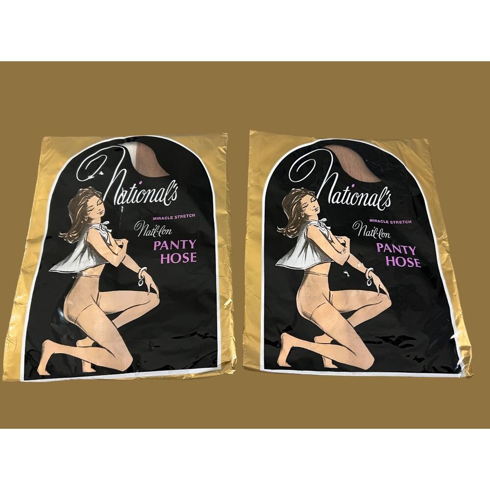 Vtg 2 pr Nationals Panty Hose Miracle Stretch 82% nylon 18" spandex Sz B NEW NOS